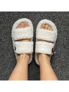 🆕Women's Vanilla-Ice Fuzzy Open-toe Slippers Soft Comfy Foam Indoor House Shoes